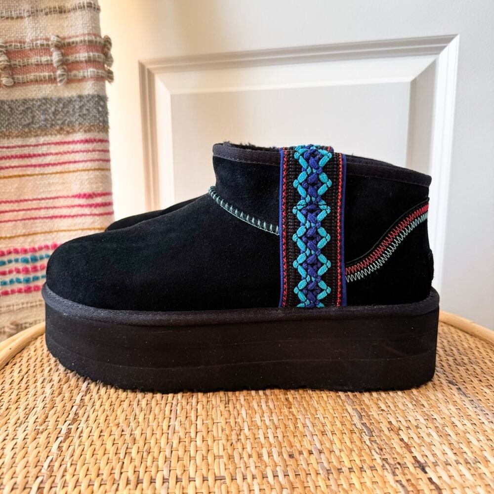 UGG Classic Ultra Mini Braid Platform Black Suede Boho Winter Boots Women’s 11 - Picture 4 of 9